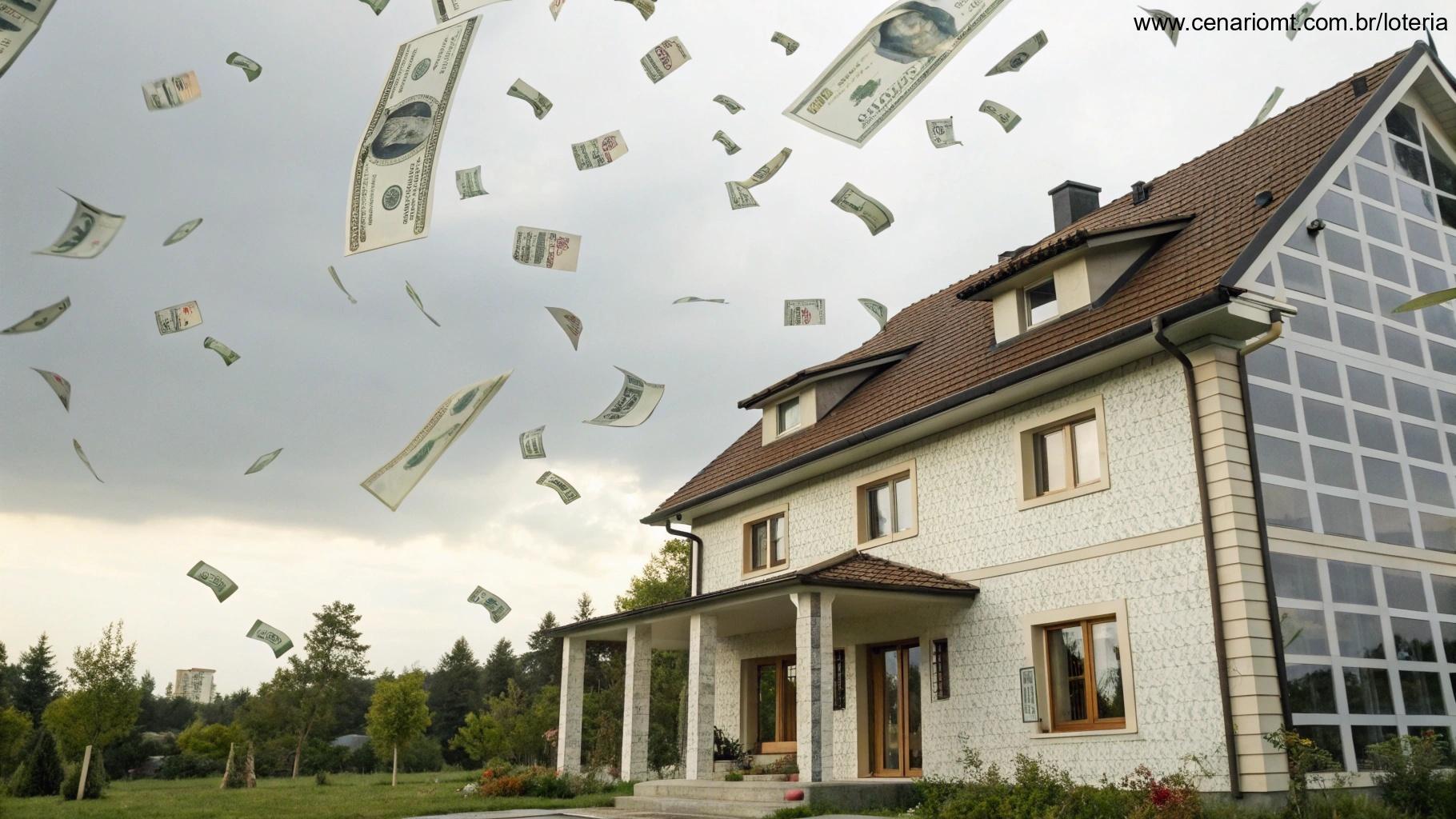 Imagem com um gráfico de barras detalhando os números do concurso da Timemania, com casa e dinheiro flutuando ao redor.