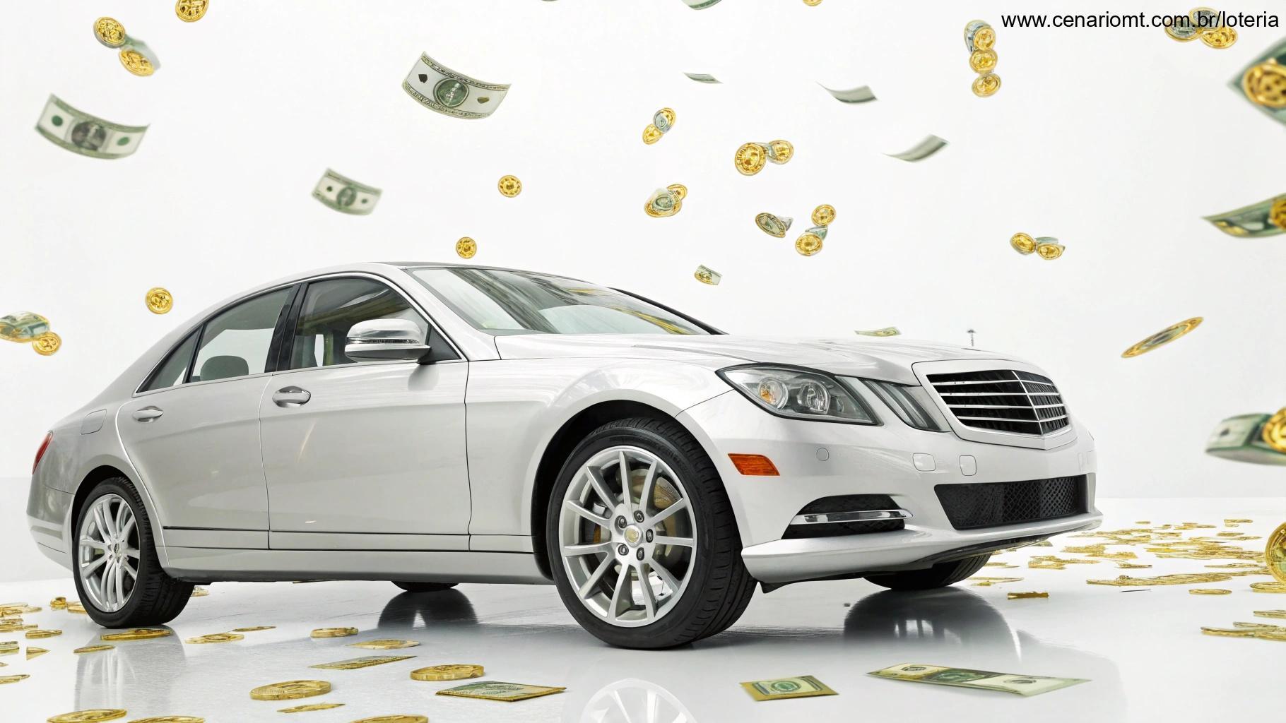 Imagem representando o resultado do concurso da Timemania 2241 com um carro e gráficos financeiros.