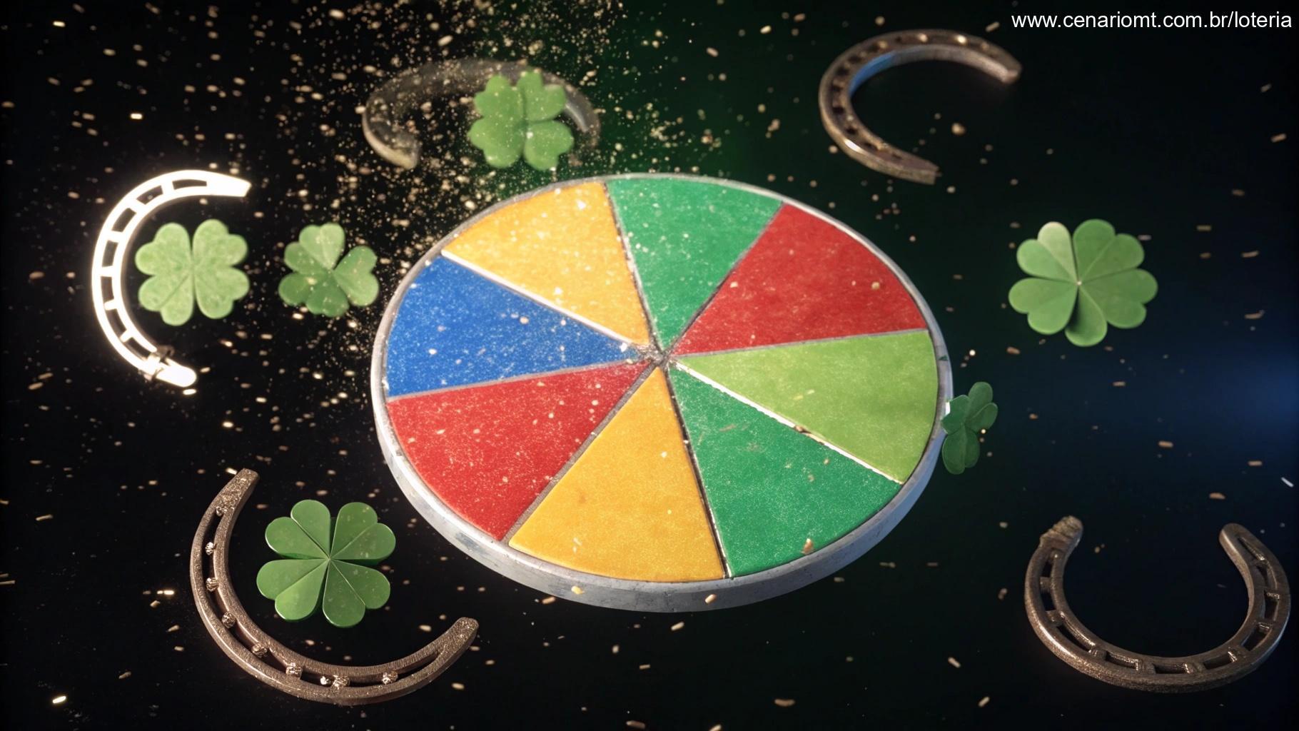 Gráfico de pizza 3D flutuando no espaço com seções coloridas, trevos de quatro folhas e ferraduras brilhantes