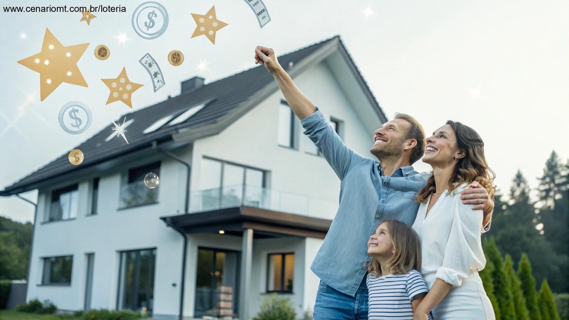 Família feliz em frente a uma casa moderna, com gráficos e estatísticas da loteria e símbolos de sorte, representando informações sobre a Mais Milionária.