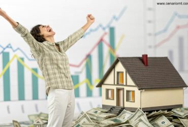 Pessoa feliz comemorando ganhos com estatísticas e casa ao fundo