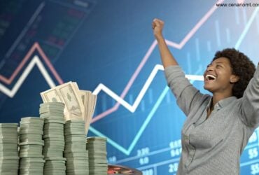 Pessoa feliz celebrando resultado da Loteria Federal concurso 5973 com gráficos e dinheiro ao fundo