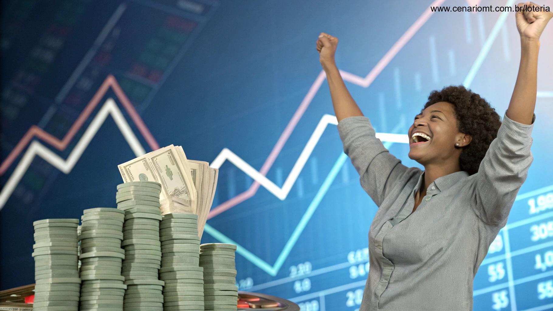 Pessoa feliz celebrando resultado da Loteria Federal concurso 5973 com gráficos e dinheiro ao fundo