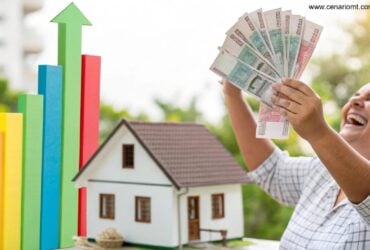 Imagem com gráficos, dinheiro, casa e pessoa feliz sobre o concurso 5976 da Loteria Federal