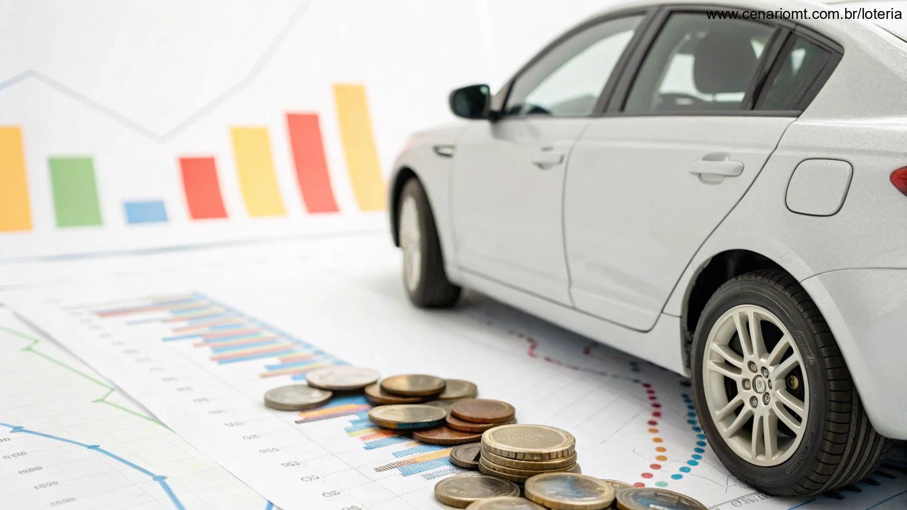 Carro ao lado de moedas e gráficos, conceito de loteria