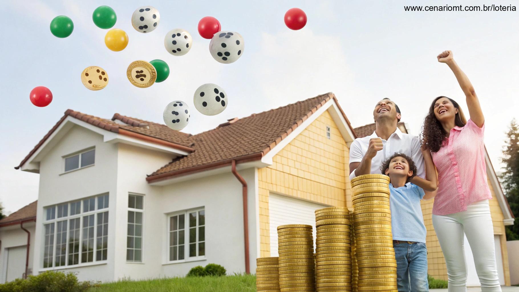 Família comemorando com elementos visuais do resultado da Dia de Sorte 1075