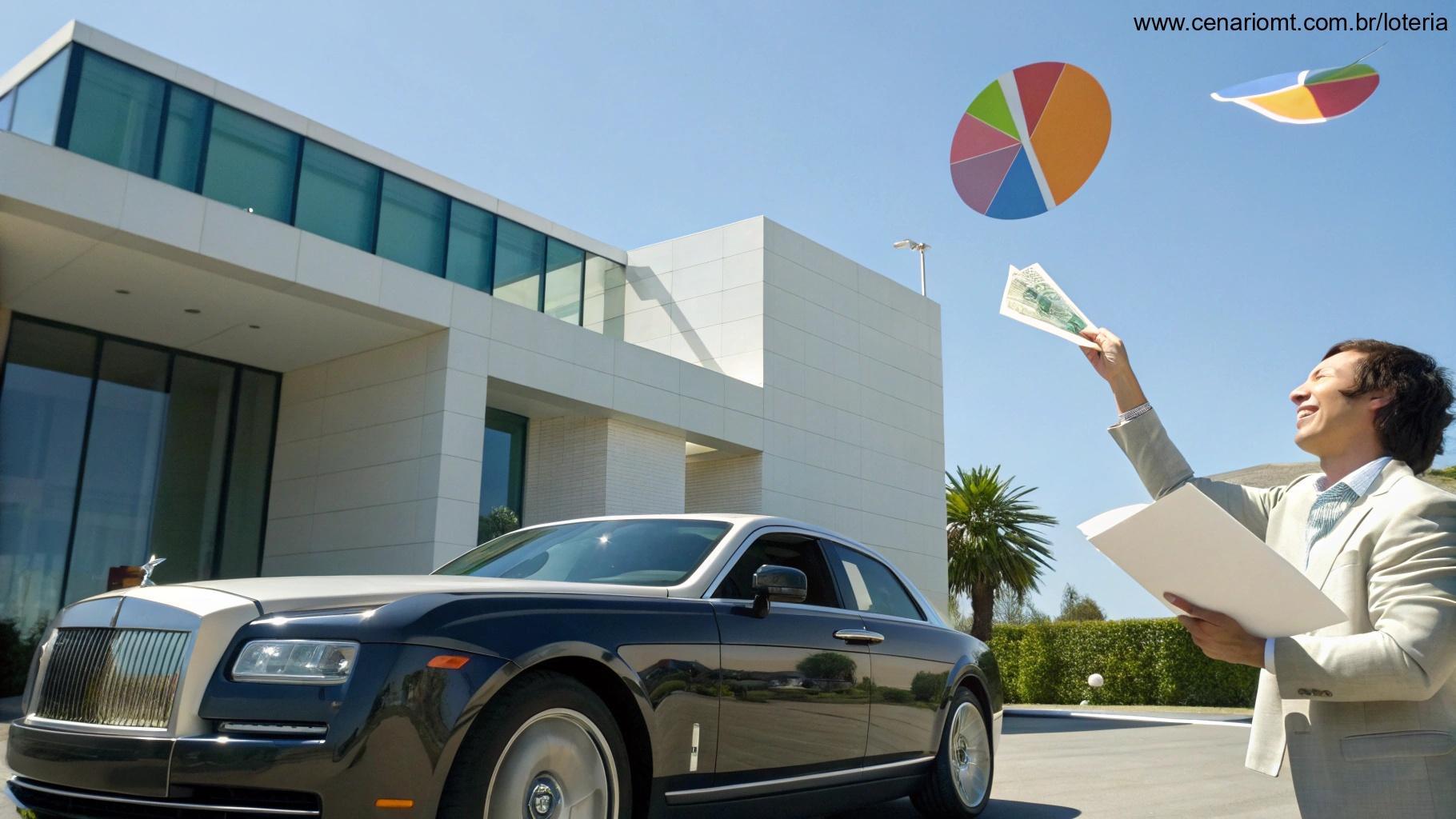 Carro de luxo e gráficos estatísticos representando o concurso anterior da Dia de Sorte
