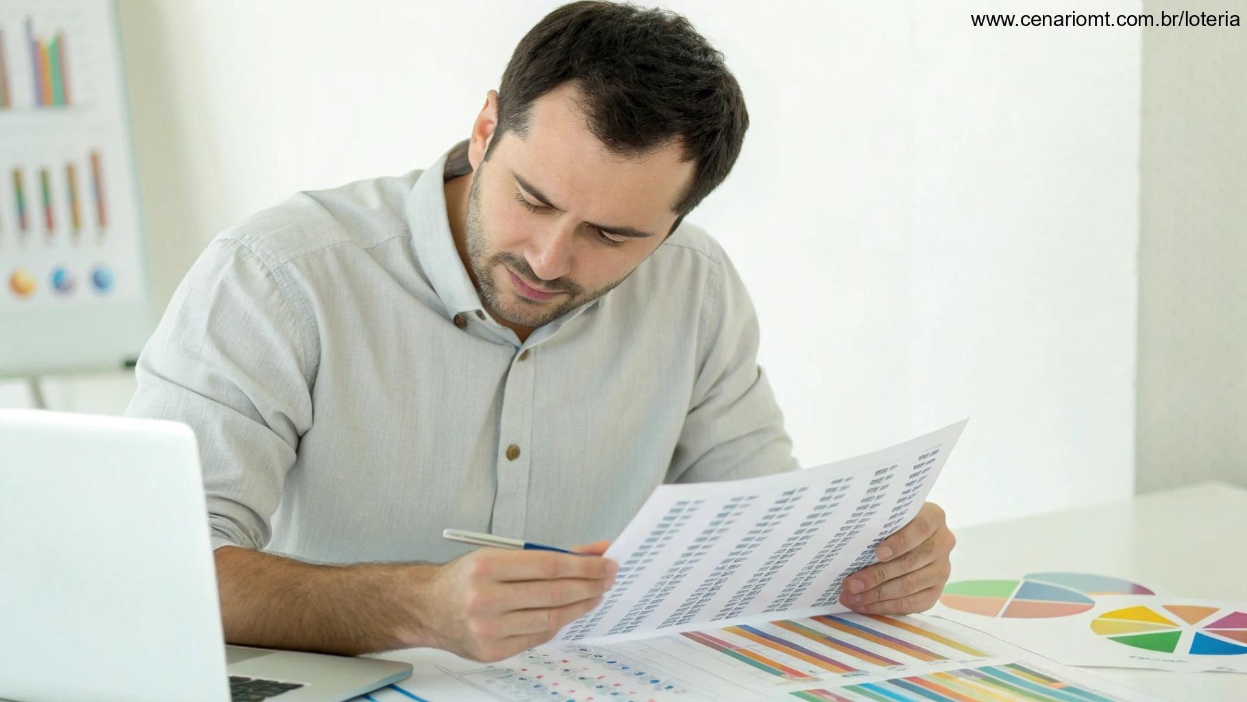 Homem analisando números do concurso da Lotofácil 3413 com gráficos ao fundo