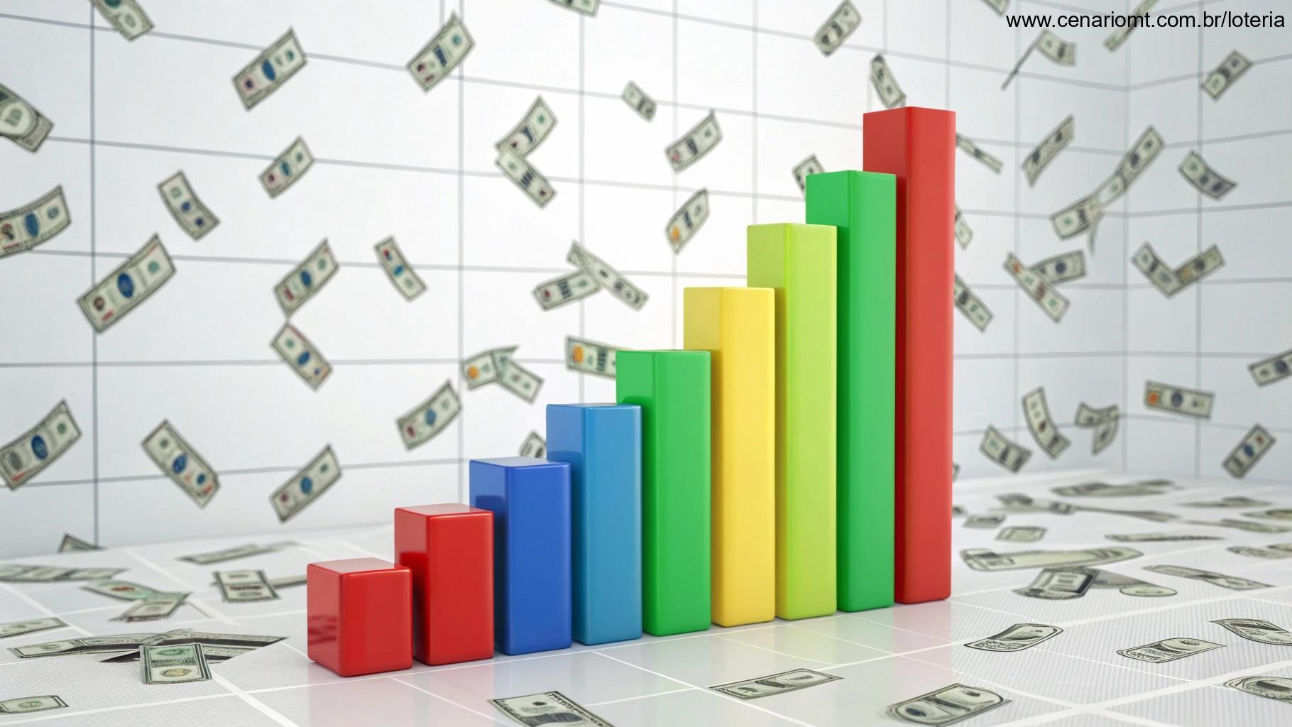 Visualização de dados e estatísticas do resultado da Lotomania 2779 com elementos de dinheiro ao fundo