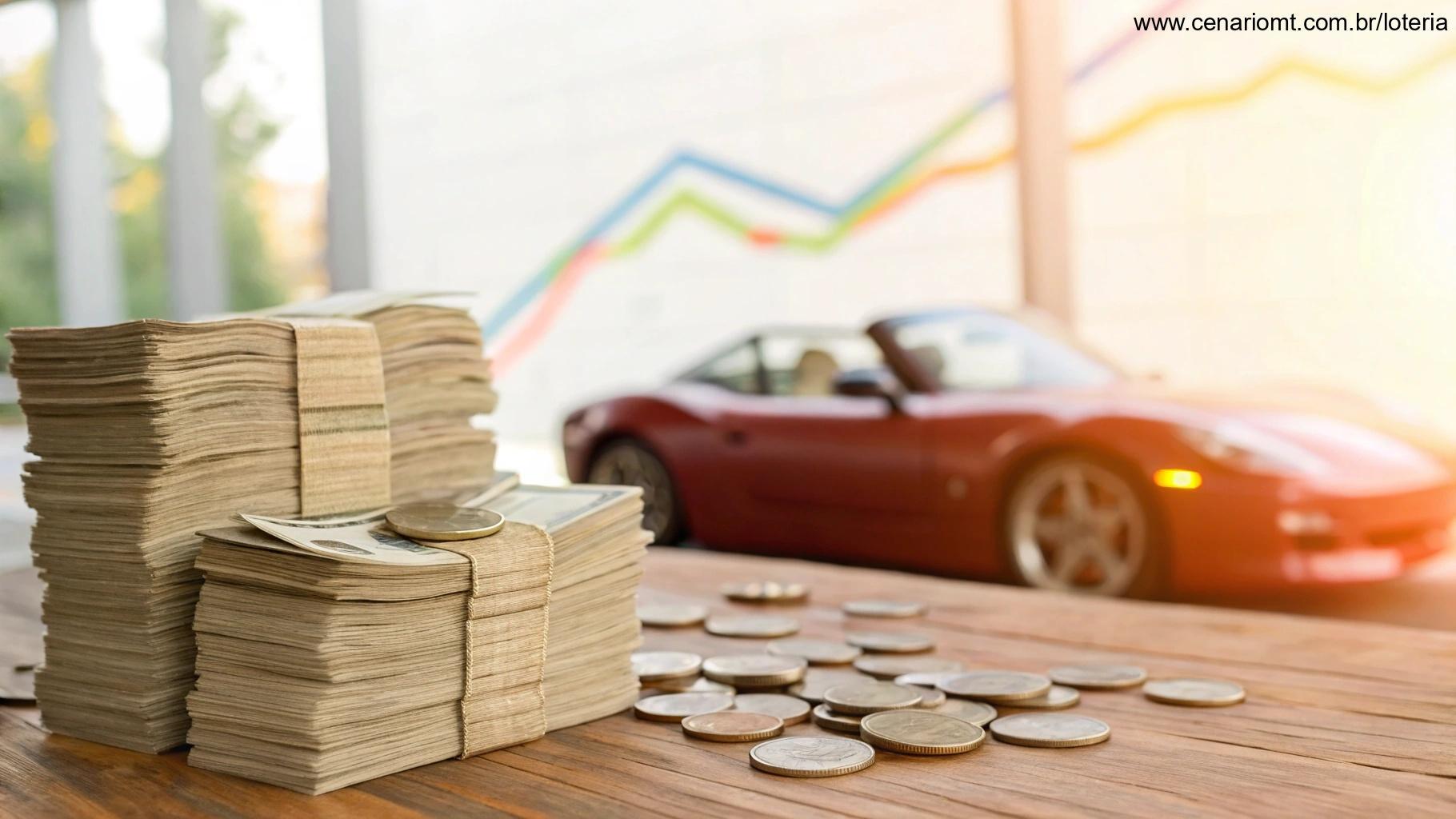 Dinheiro sobre a mesa com moedas e carro esportivo ao fundo, com gráficos de tendências