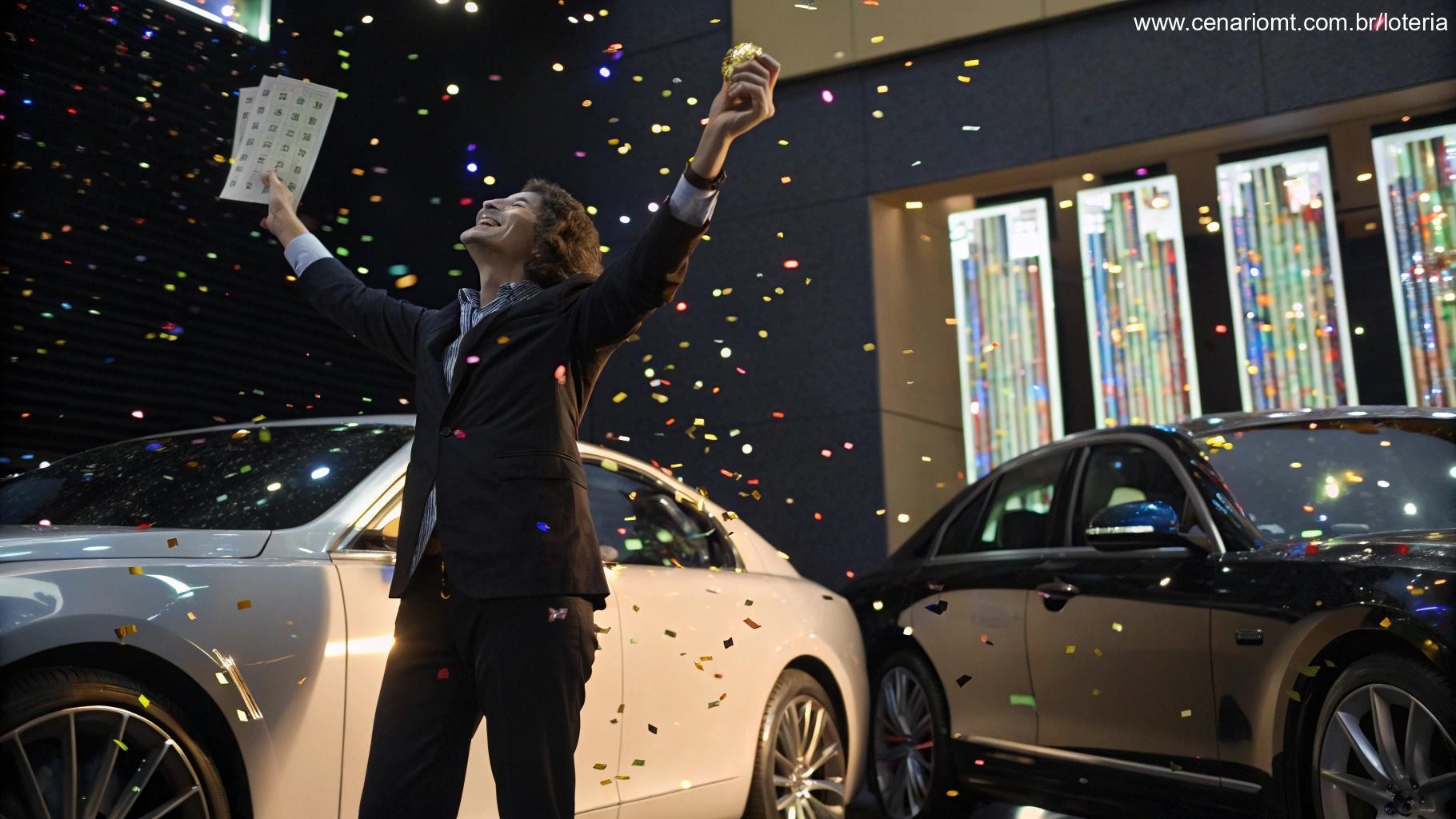 Pessoa feliz comemorando com gráficos e um carro de luxo ao fundo representando a Mega Sena 2873
