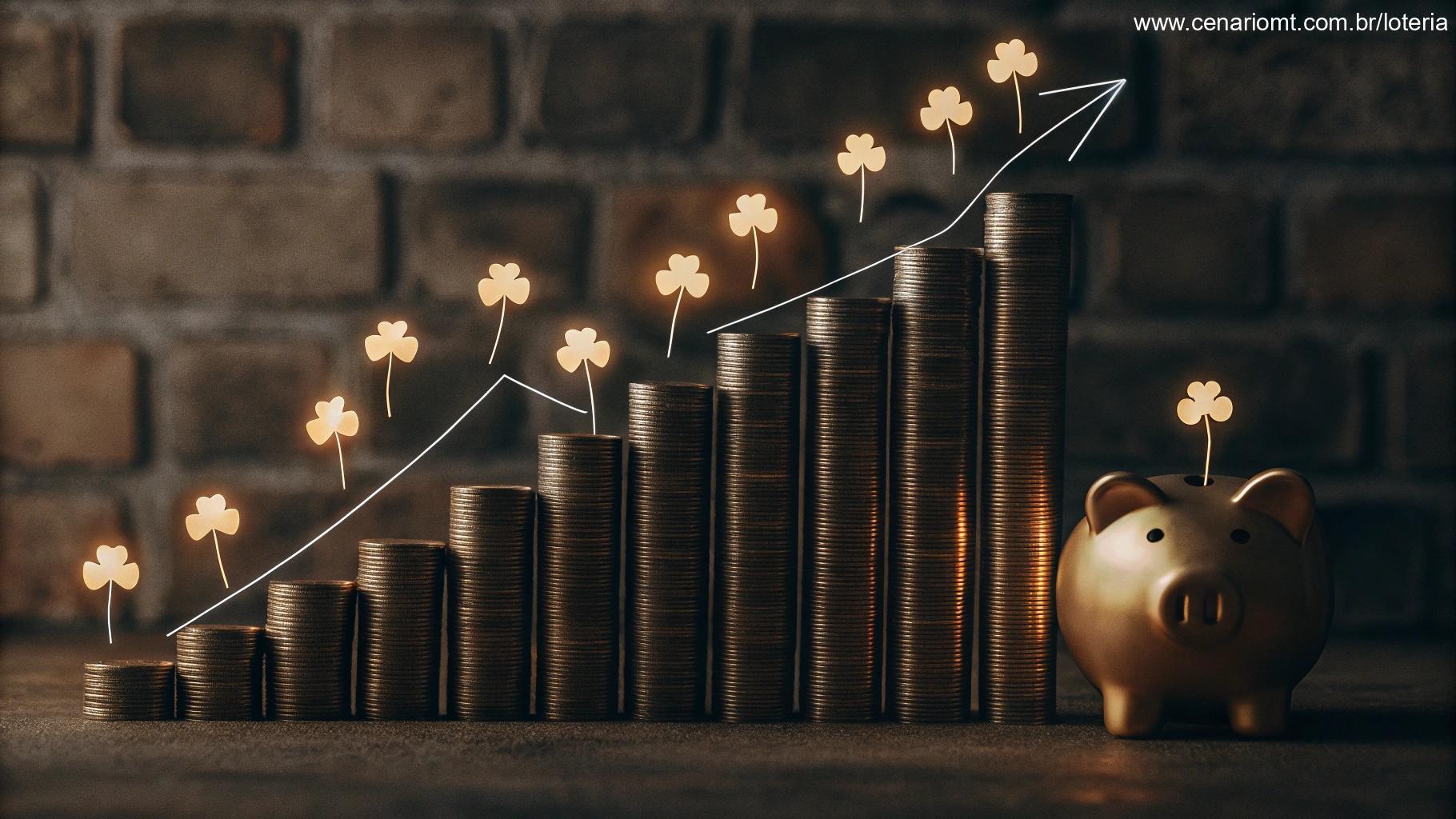 Imagem com gráfico de barras, símbolos de sorte e cofre dourado para ilustrar resultado da Quina 6745