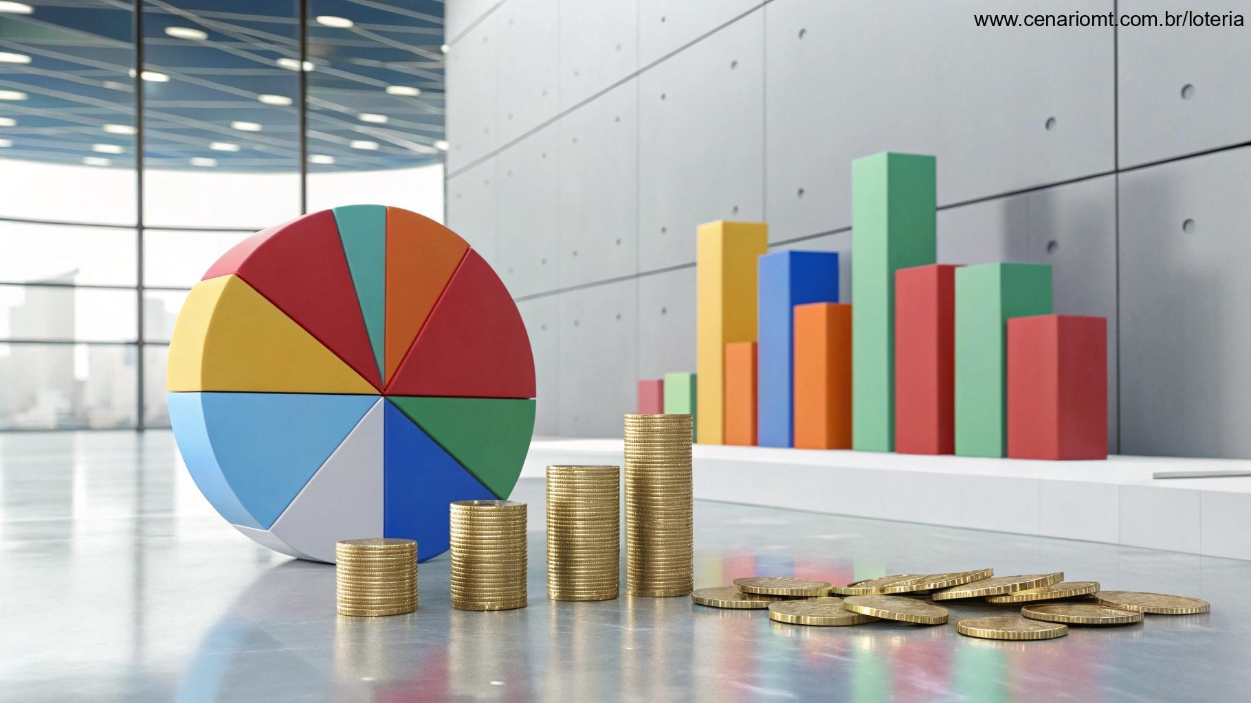 Gráficos modernos e moedas douradas representam o resultado do concurso da Quina 6747