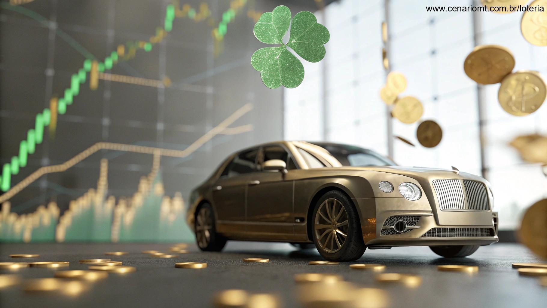 Imagem com carro de luxo, gráficos e símbolos de sorte