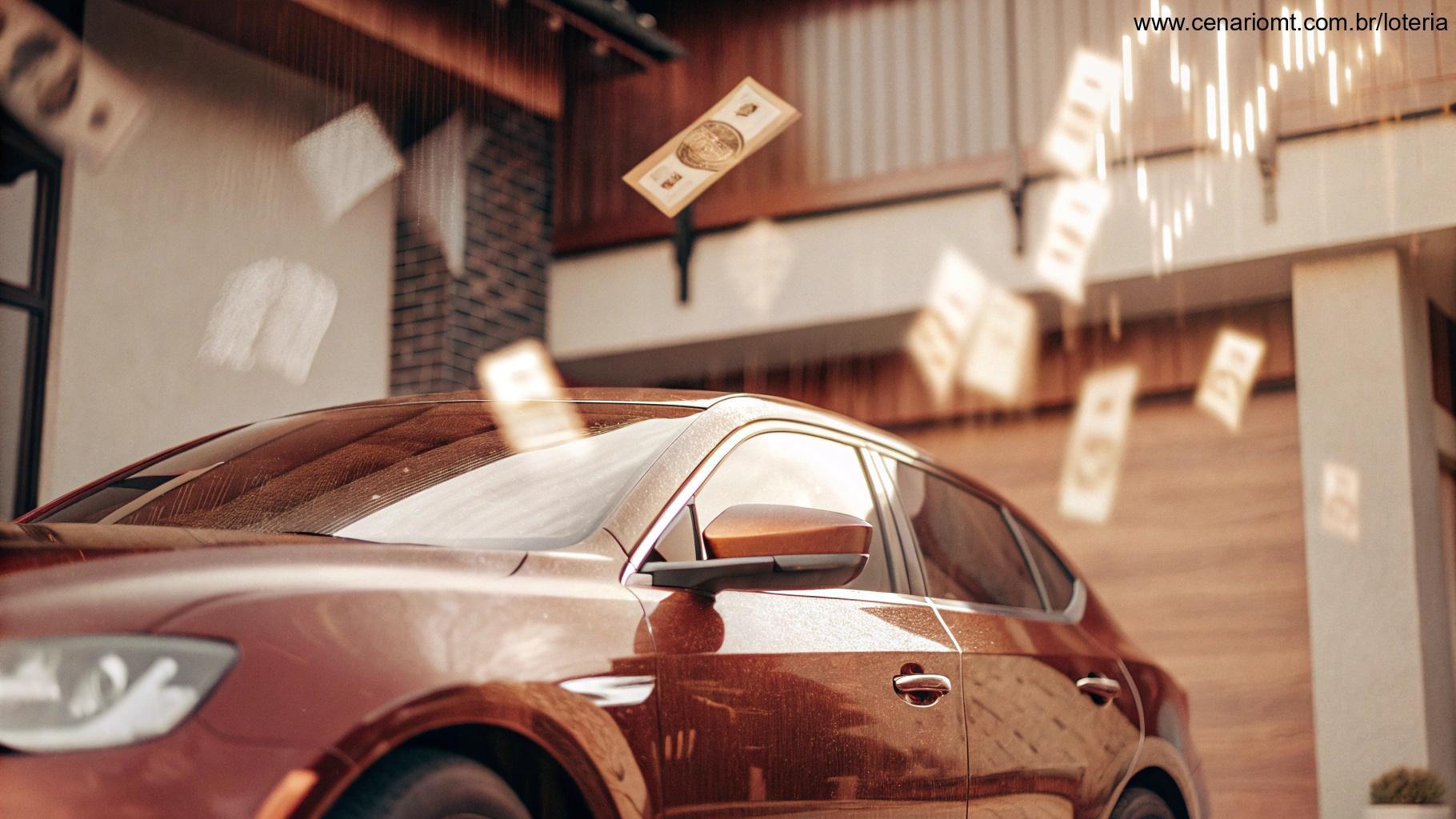 imagem de carro e casa com gráficos flutuando representando prêmio da loteria