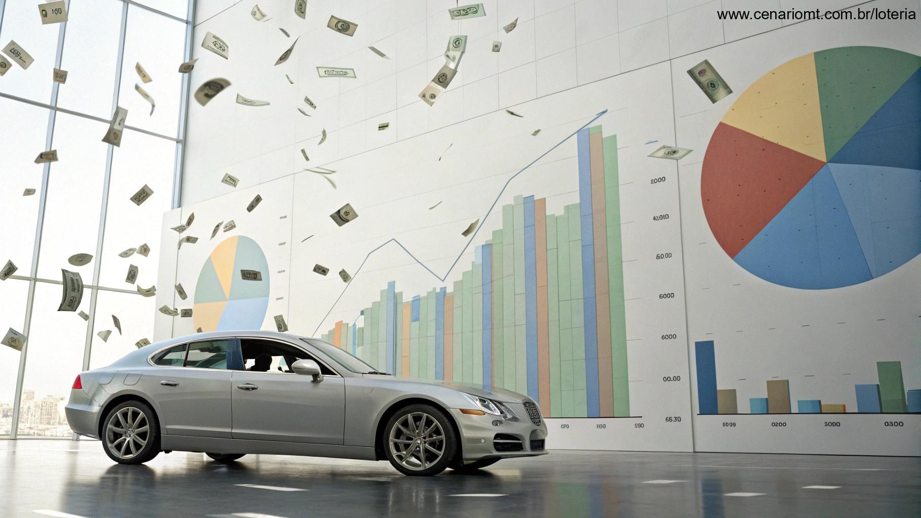 Imagem com carro, dinheiro e gráficos sobre o resultado da Super Sete 704