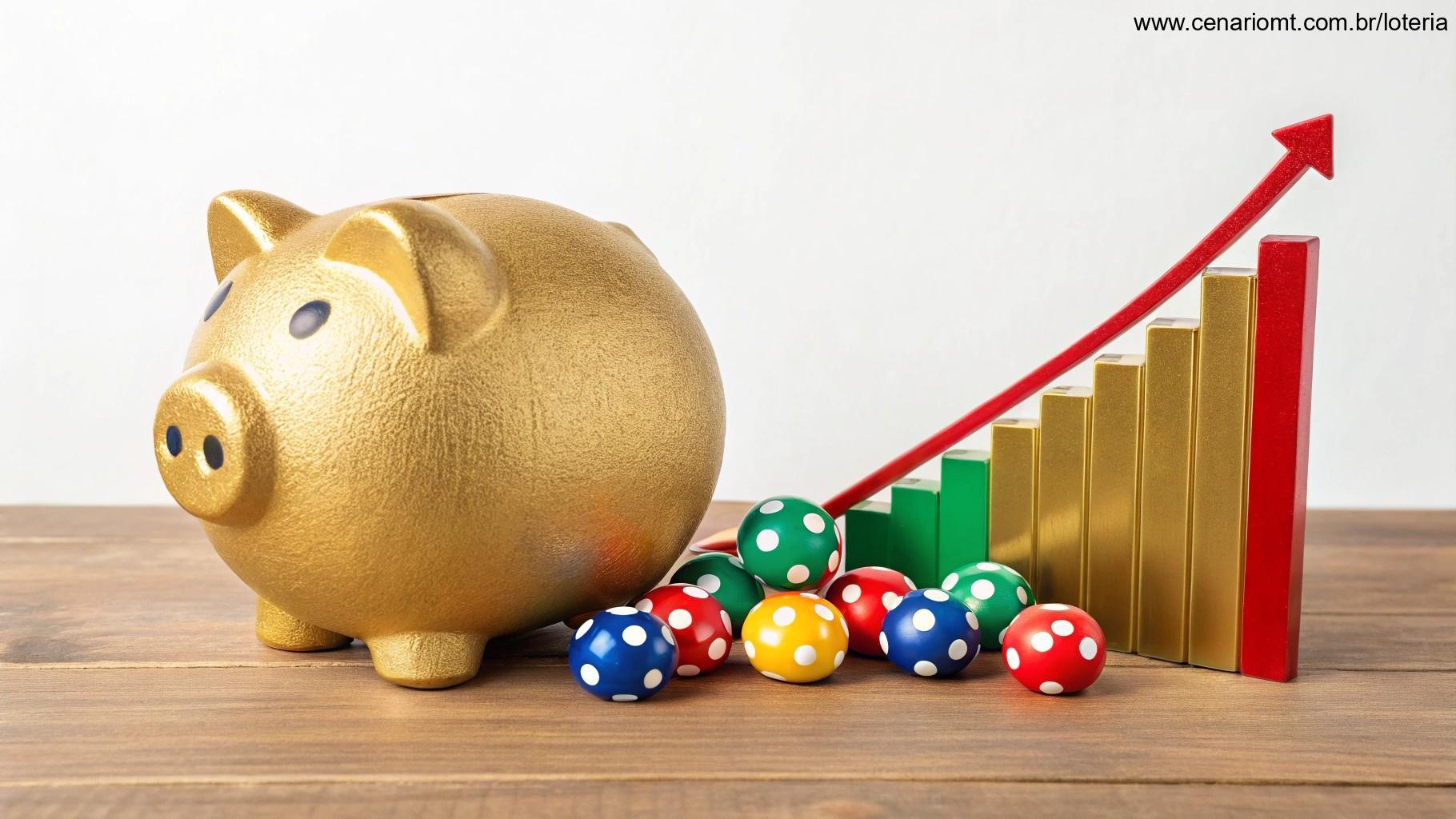 Cofrinho dourado com bolas de loteria e gráfico de barras ao fundo