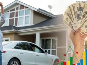 Pessoa feliz ao lado de dinheiro, carro moderno e casa, com gráficos coloridos representando estatísticas da loteria