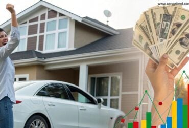 Pessoa feliz ao lado de dinheiro, carro moderno e casa, com gráficos coloridos representando estatísticas da loteria