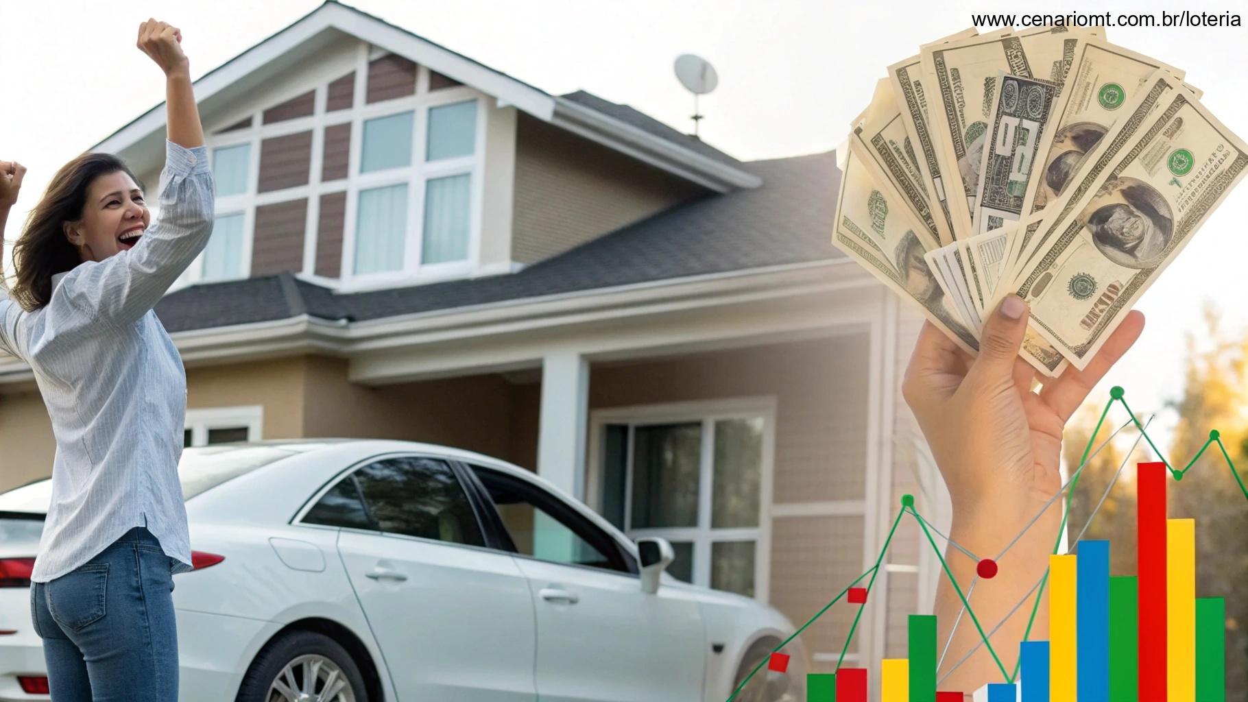 Pessoa feliz ao lado de dinheiro, carro moderno e casa, com gráficos coloridos representando estatísticas da loteria