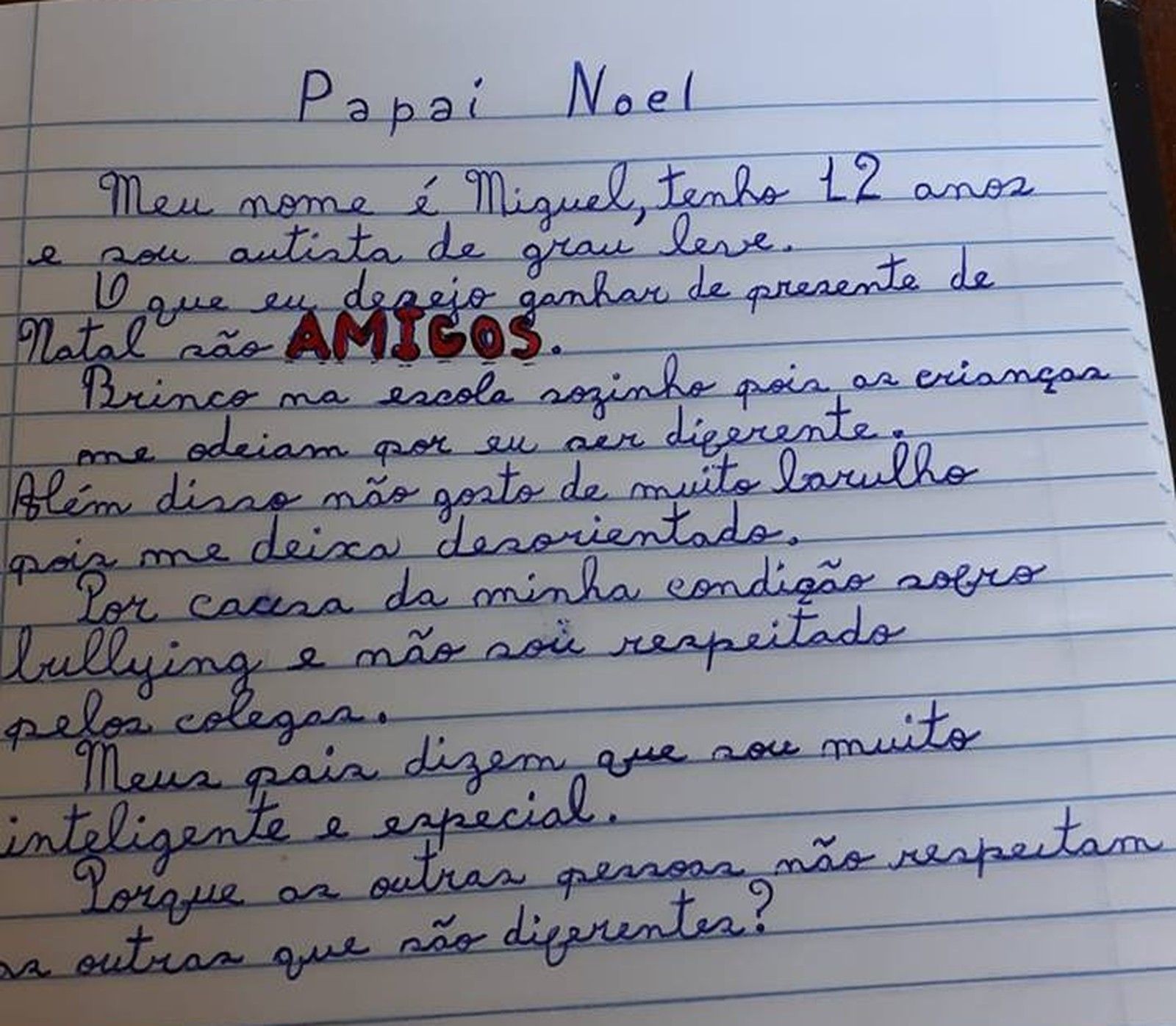 Menino autista pede amigos em carta ao Papai Noel: 'Brinco 