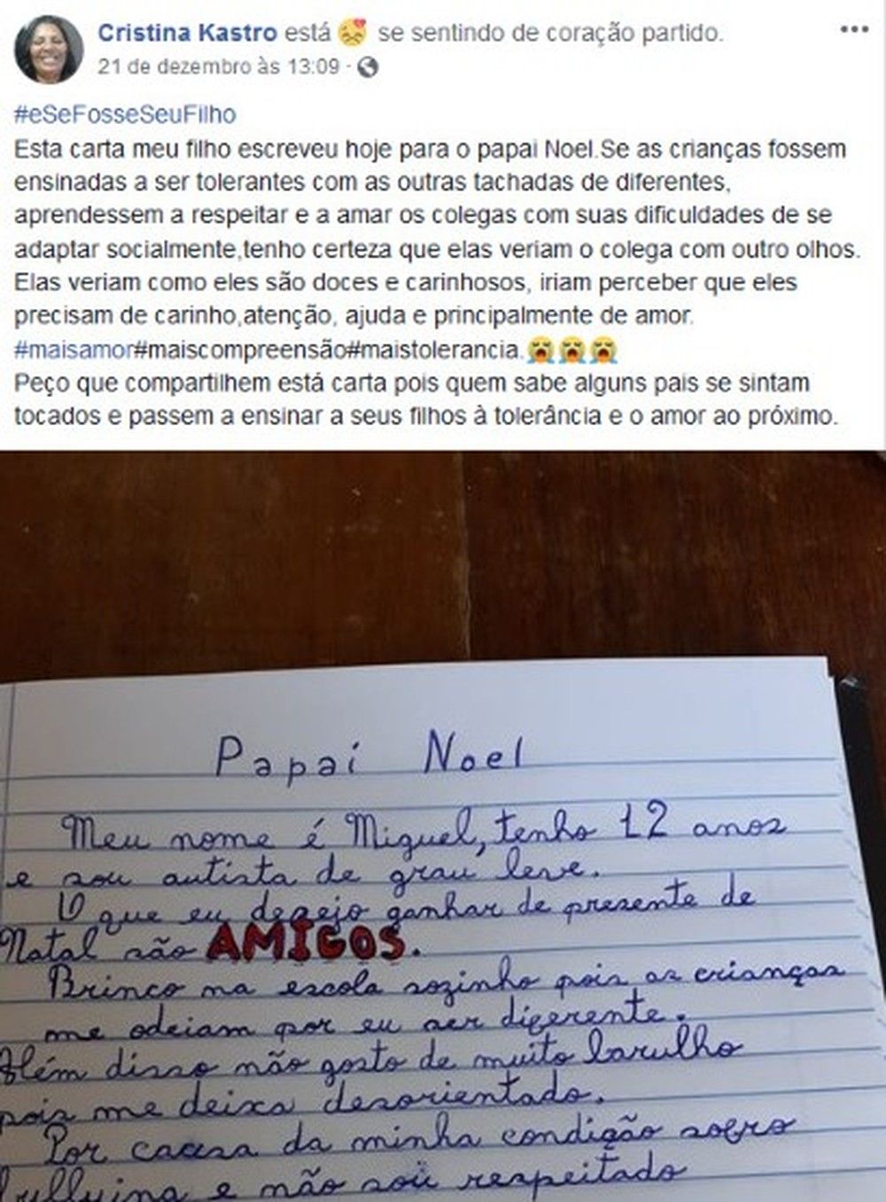Menino autista pede amigos em carta ao Papai Noel: 'Brinco na escola sozinho' 7 printpostomaemiguel
