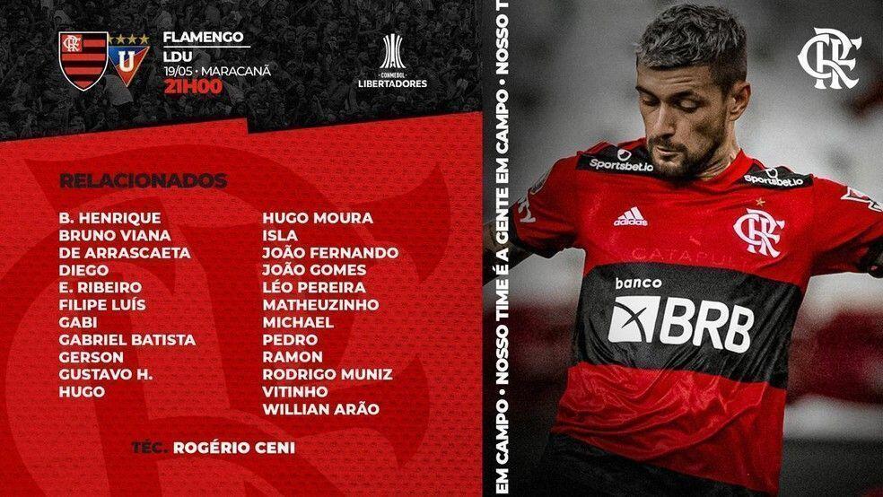 Flamengo encerra preparação e divulga lista de relacionados para duelo contra a LDU 2 relacionados 1