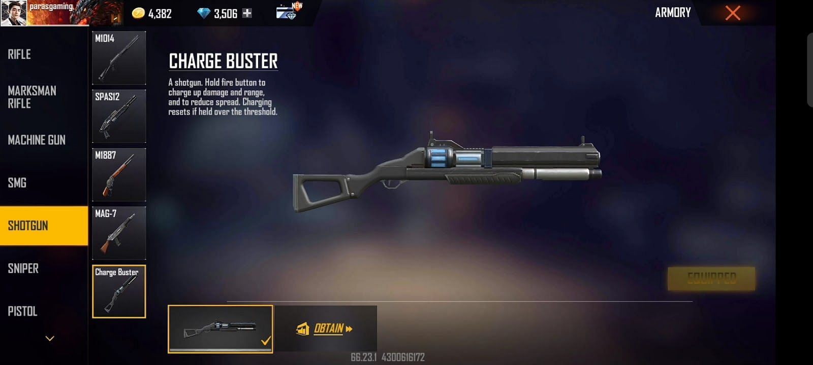 Nova arma Charge Buster em Free Fire (Imagem via Paras Gaming FF/YouTube)