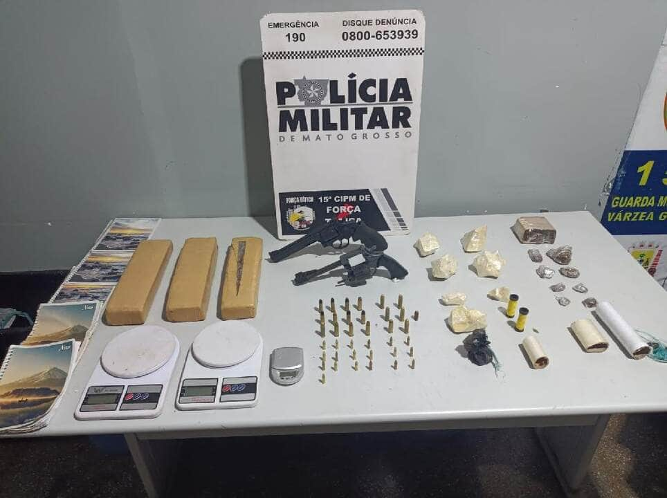 tres pessoas sao presas com drogas e armas de fogo em varzea grande