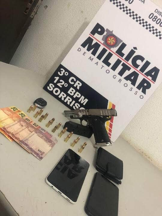 homem e preso pela pm com pistola e 18 municoes em sorriso