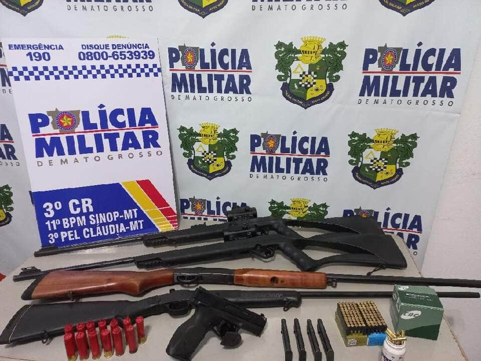 pm apreende cinco armas de fogo e prende dupla por porte ilegal em mt