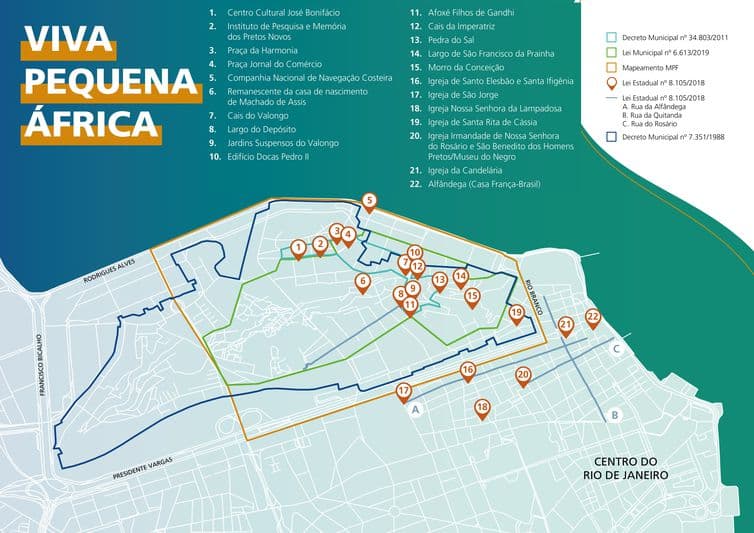 No âmbito da Iniciativa Viva Pequena África, considera-se Território da Pequena África qualquer uma das áreas e circuitos destacados no mapa abaixo. Foto: Arte/BNDES/Divulgação