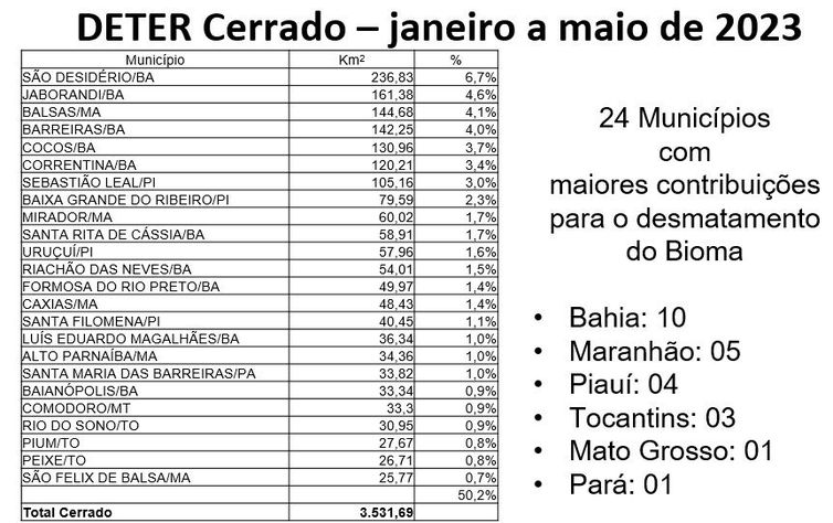 07/06/2023 - Brasília - Municípios que mais desmataram e gráfico do dado geral de desmatamento no Cerrado. No Cerrado, 24 municípios concentram metade do desmatamento. Foto: Deter/Divulgação