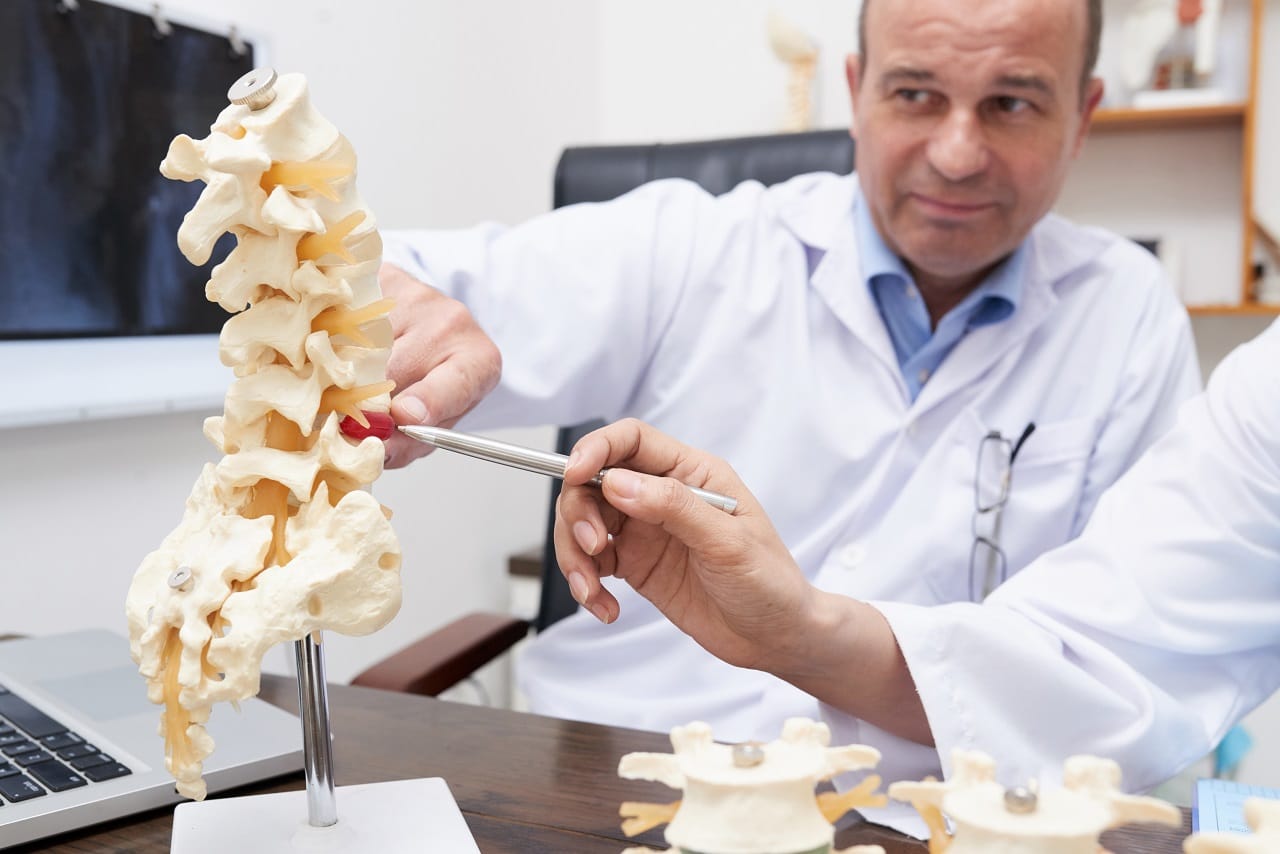 osteopata apontando para o modelo de inflamacao da coluna no consultorio medico