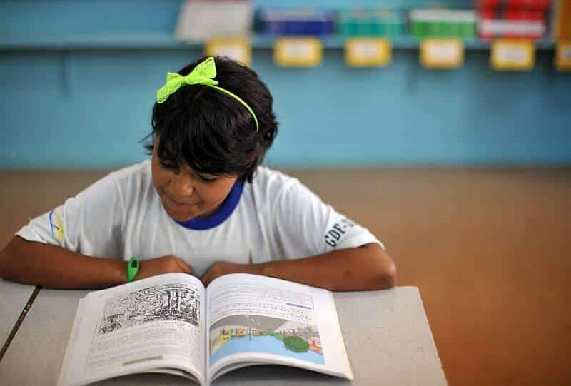 Alunos da Escola Classe da 206 Sul aprendem sobre a importância de cuidar bem dos livros didáticos, que nos anos seguintes deverão ser usados por outros estudantes. Por: Marcello Casal Jr/Agencia Brasil