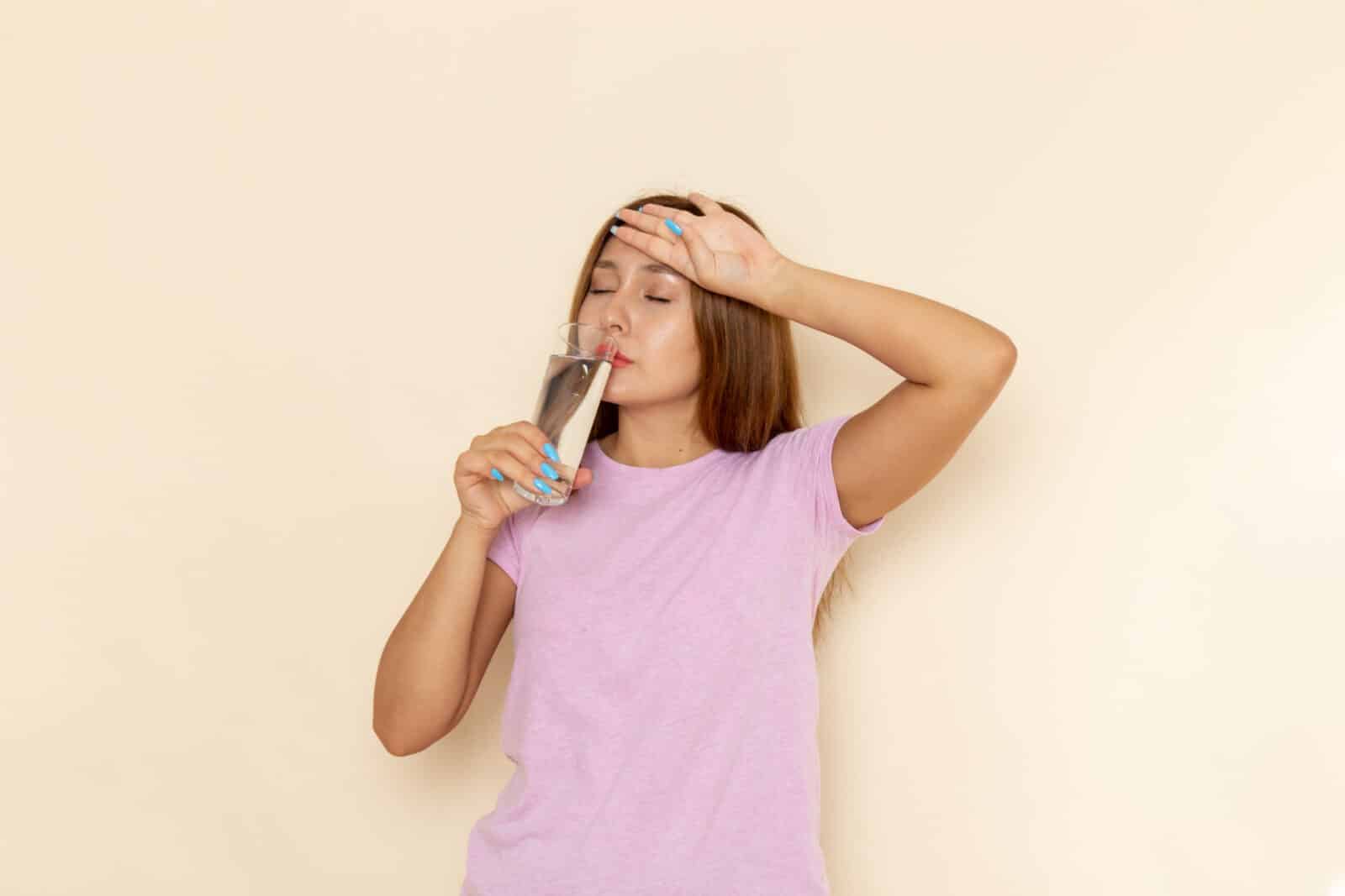 vista frontal jovem mulher atraente em camiseta rosa e jeans azul bebendo agua scaled 1