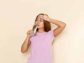vista frontal jovem mulher atraente em camiseta rosa e jeans azul bebendo agua scaled 1