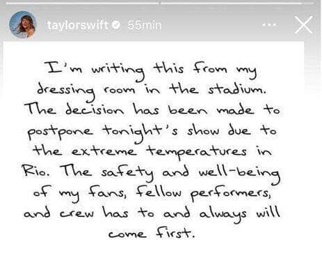 Taylor Swift adia show deste sábado por temperatura extrema no Rio 2 Taylor Swift adia segundo show no Rio por causa das altas temperaturas. Foto: stories/taylor swift