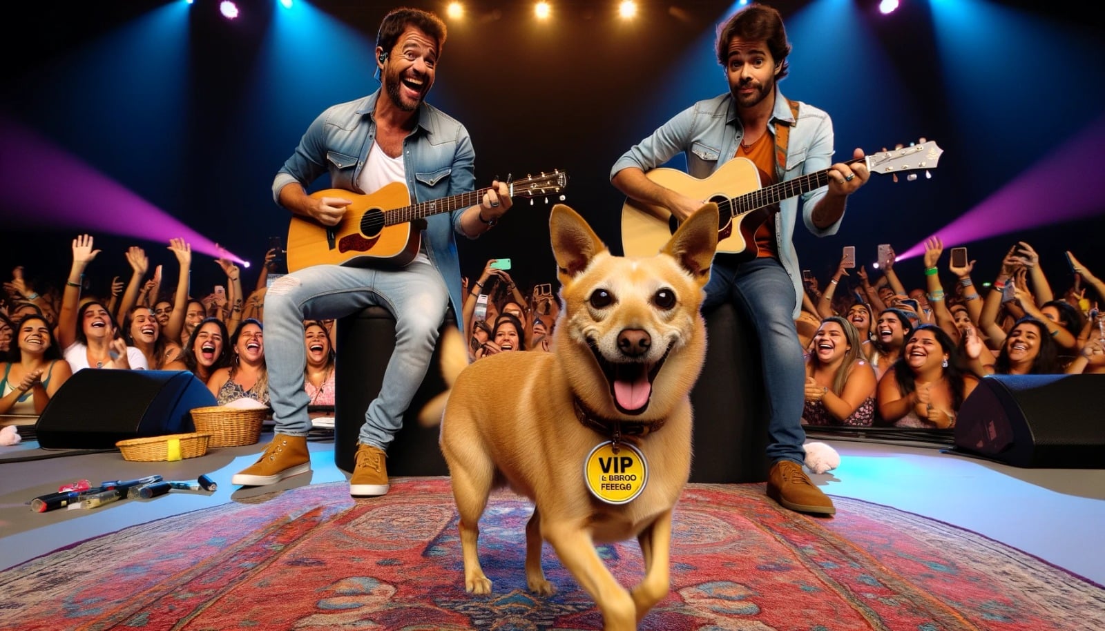 O palco estava agitado, a música rolando solta e, de repente, quem aparece? Um cachorrinho caramelo, todo charme e simpatia!