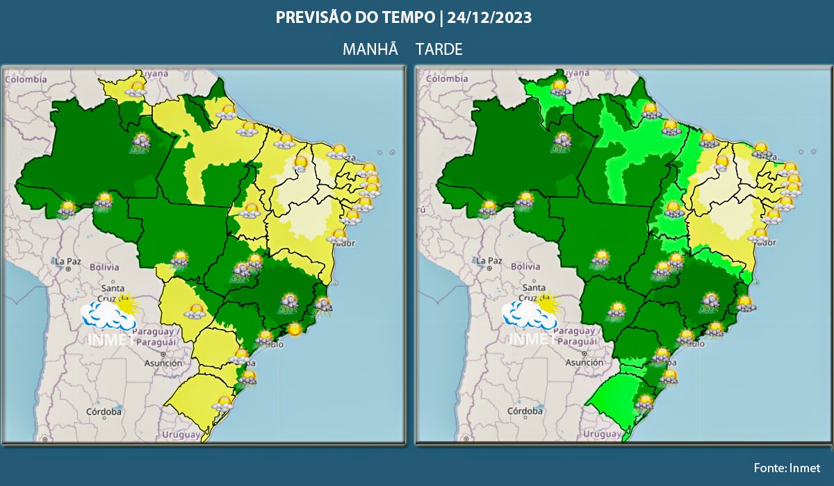 Brasília (DF) 23/12/2023 – Noite de Natal pode ser chuvosa na maior parte do país Arte Agência Brasil Por: Reprodução/Inmet