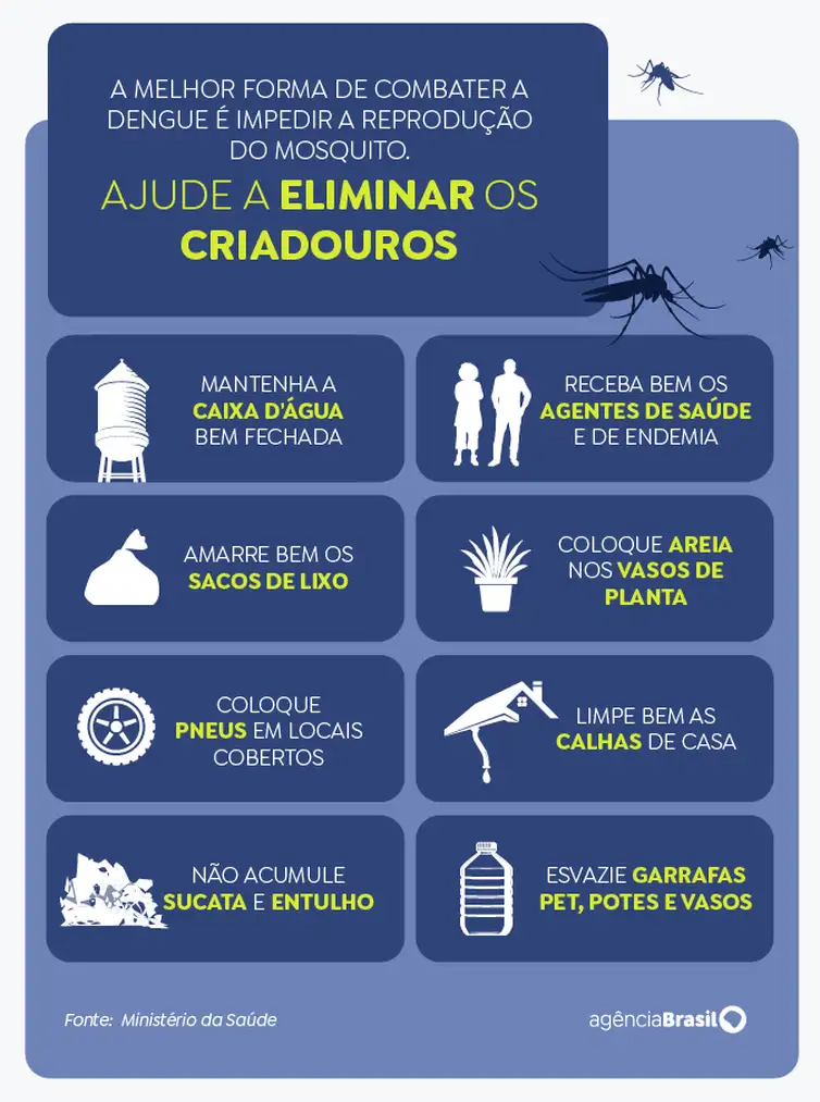 Dengue: Aedes aegypti veio para ficar, alerta infectologista 8 A melhor forma de combater a dengue é impedir a reprodução do mosquito. Foto: Arte/EBC
