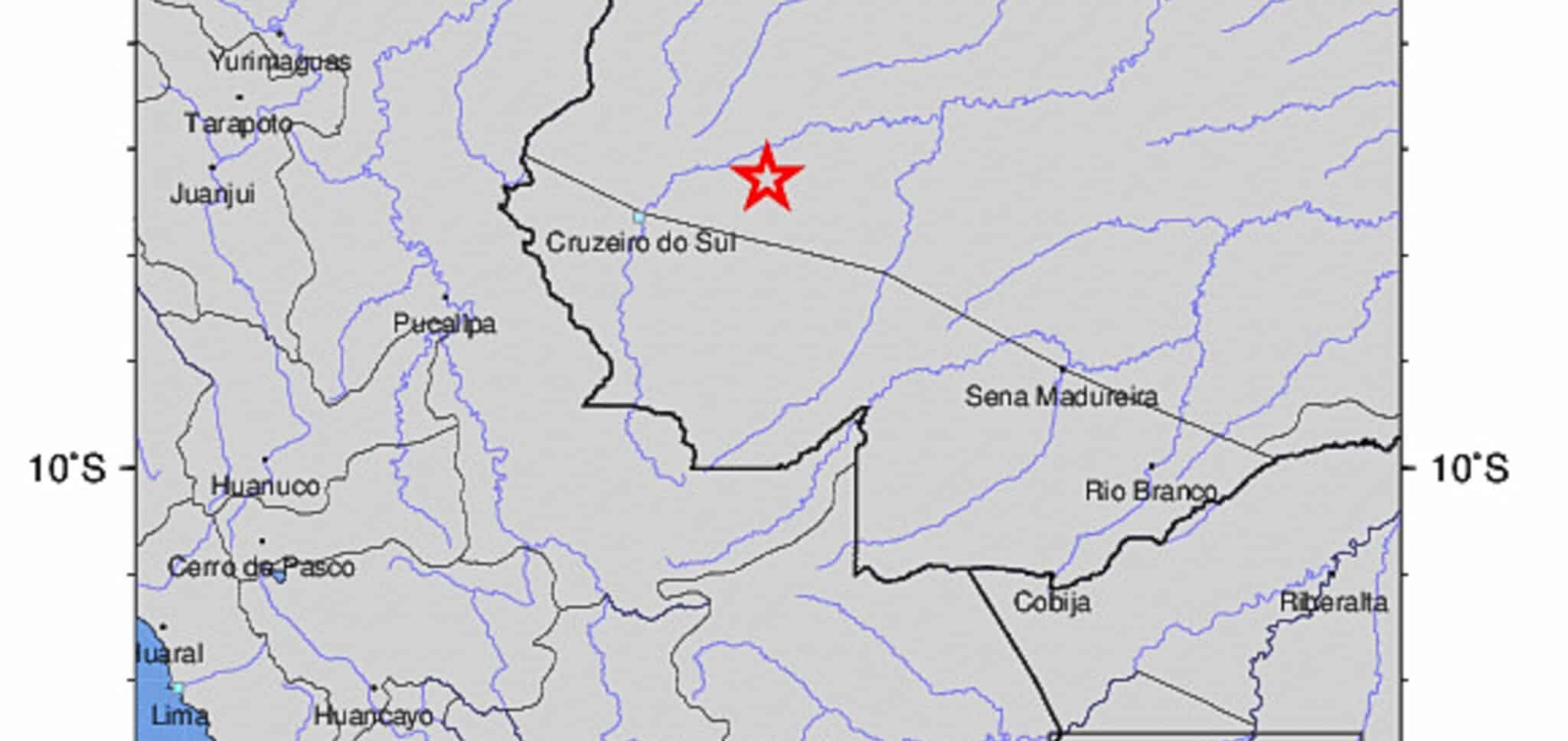 Acre-AC 20/01/2024 Mapa do serviço geológico americano com a localização do terremoto no Acre. Foto/ Print do serviço geológico dos EUA.