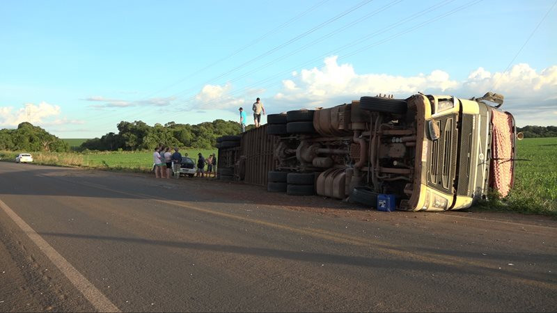 Motorista fica ferido e parte da carga morre em acidente. 