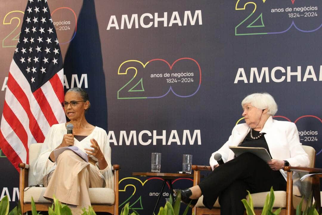 São Paulo (SP), 27/02/2024 - A ministra do Meio Ambiente e Mudança do Clima, Marina Silva, e a secretária do Tesouro dos Estados Unidos, Janet Yellen, participam de encontro da Câmara Americana de Comércio - Amcham Brasil, na Sala São Paulo, em Campos Elísios. Foto: Rovena Rosa/Agência Brasil