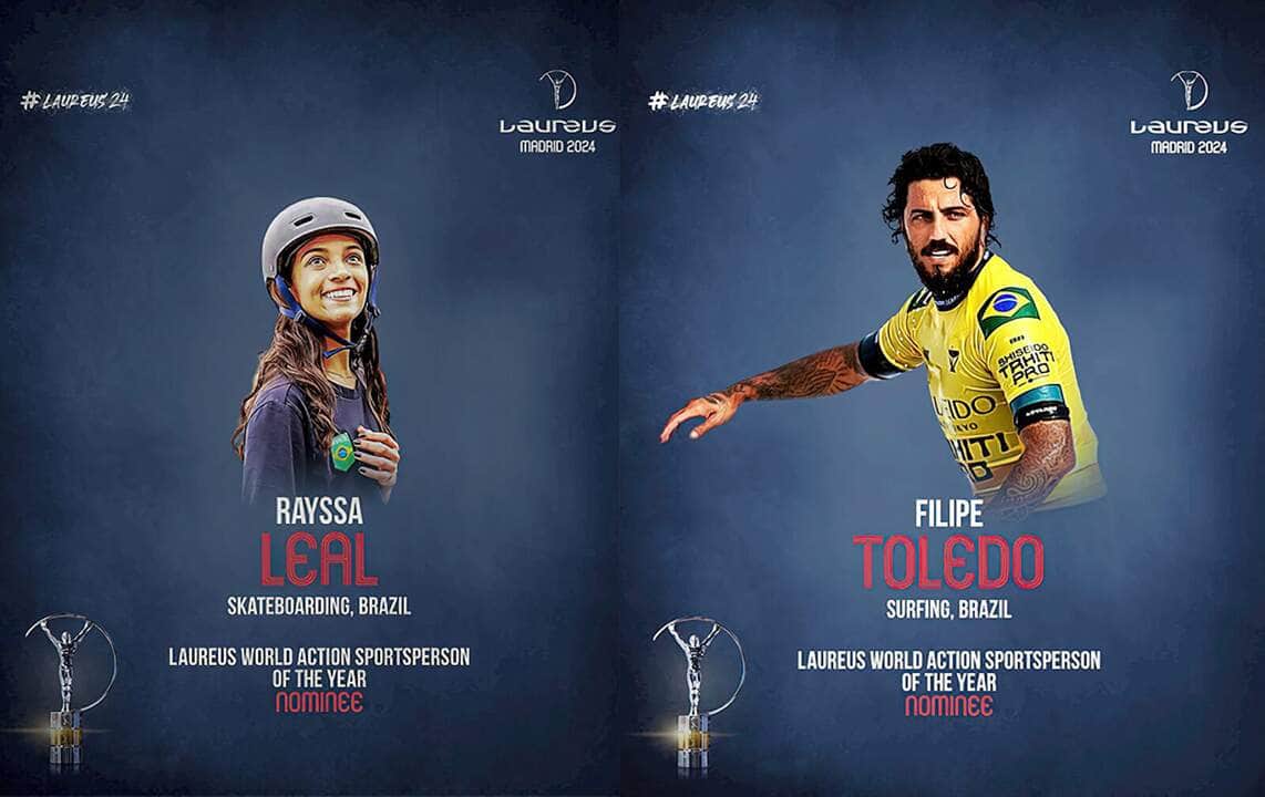 Rio de Janeiro (RJ) 26/02/2024 - Rayssa Leal e Filipe Toledo são indicados para o Prêmio Laureus 2024. Campeã do mundo no skate street, mais atual bicampeão do Championship Tour (CT) da WSL de surfe são os nomes do Brasil, que concorrem ao título de melhor nos esportes de ação Foto: Instagram/laureussport