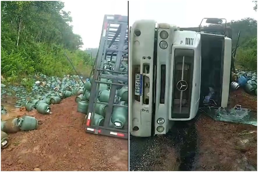 Caminhão carregado com botijões de gás tomba em Aripuanã durante chuva