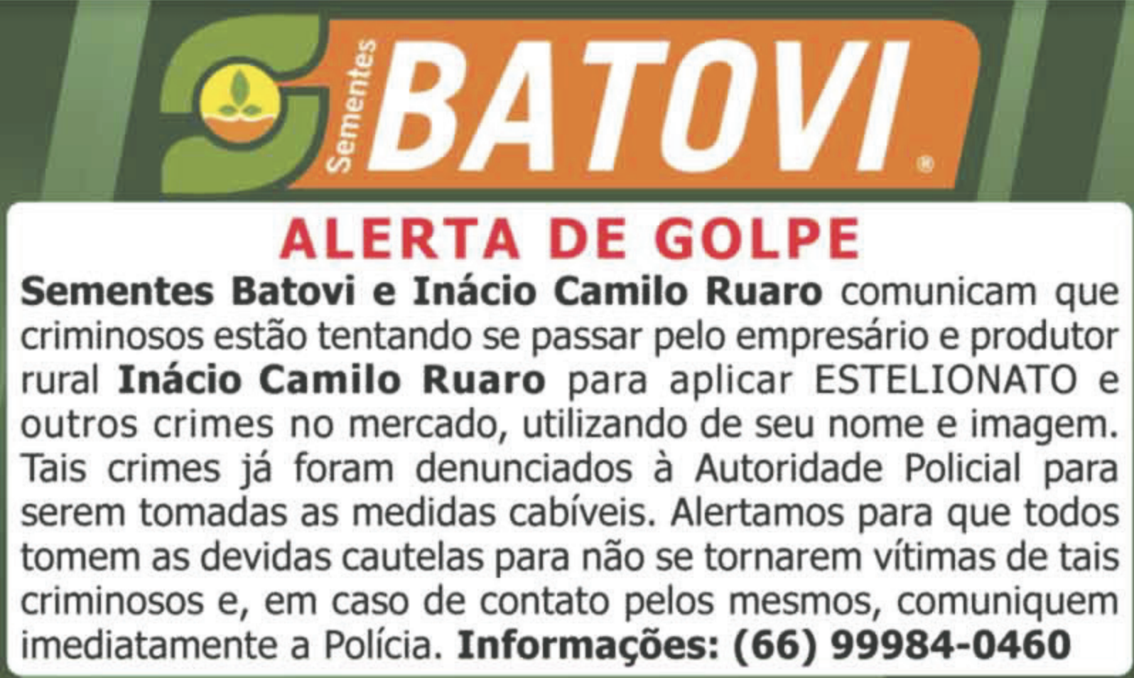 Alerta: Criminosos tentam aplicar golpes utilizando nome e imagem de Sementes Batovi e Inácio Camilo Ruaro 2 Captura de Tela 2024-03-22 às 08.35.26