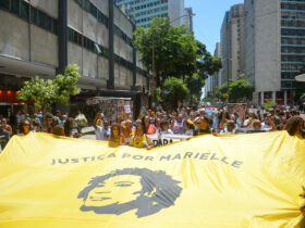 Rio de Janeiro (RJ), 14/03/2024 – Ato por Justiça marca os seis anos do assassinato de Marielle Franco, no centro do Rio de Janeiro. Foto: Tomaz Silva/Agência Brasil