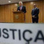 Brasília- DF 24-03-2024. Ministro da Justiça, Ricardo Lewandowski e o diretor Geral da PF, Andrei Passos, durante coletiva sobre os mandantes do assassinato de Marielle Franco. Foto José Cruz/ Agência Brasil.