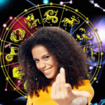 Muito Feliz a mulher sobre as previsões de seu signo do zodiaco